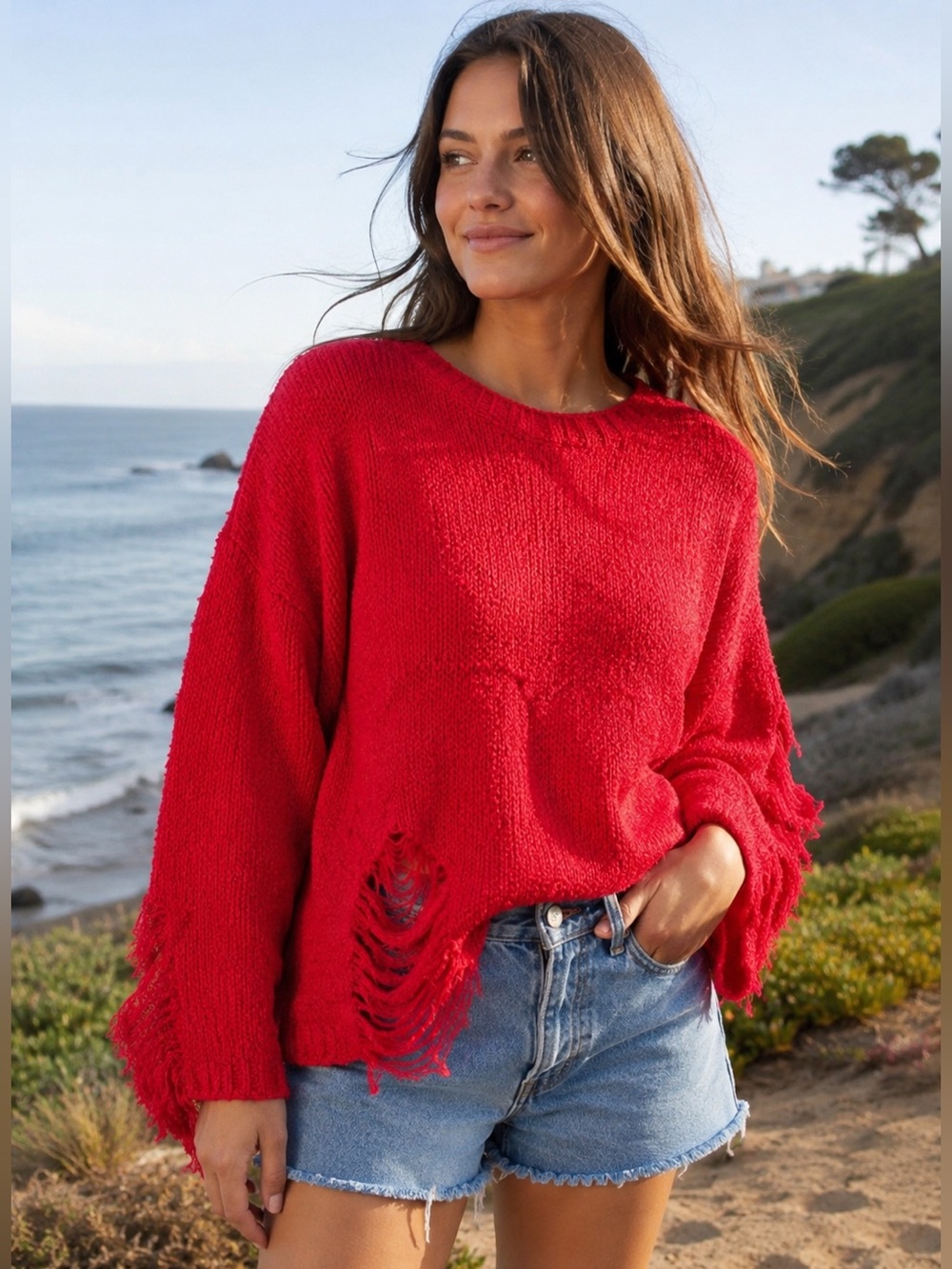 POL Coral Red Distressed Popcorn Knit Sweater Small